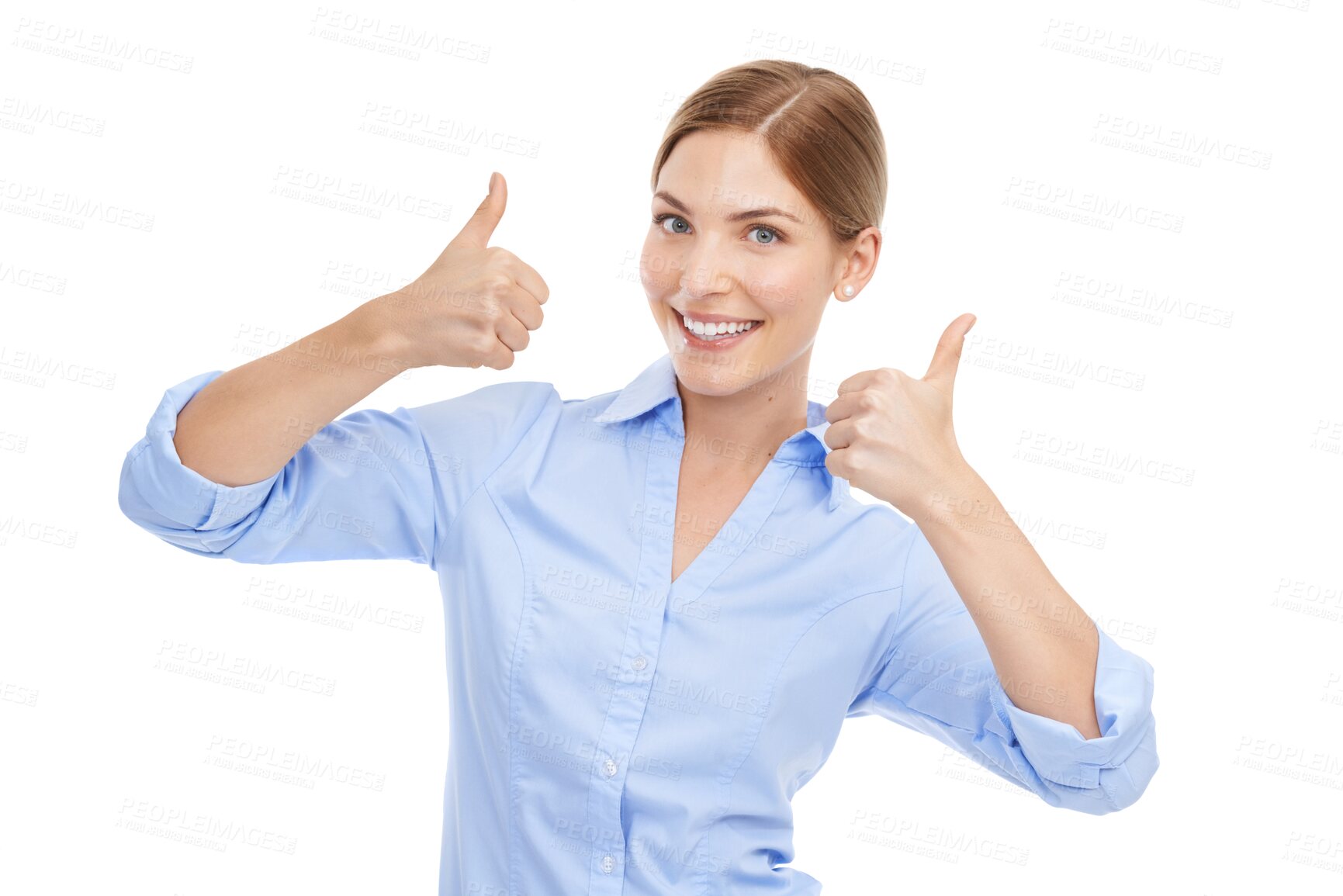 Buy stock photo Portrait, thumbs up and PNG with a business woman isolated on a transparent background for motivation. Thank you, success and hand gesture with an attractive young female in celebration of a deal