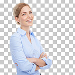 Business, portrait and woman arms crossed, happiness and consultant isolated on a png background. Finance, financial adviser and accountant with new portfolio, trading success and leadership