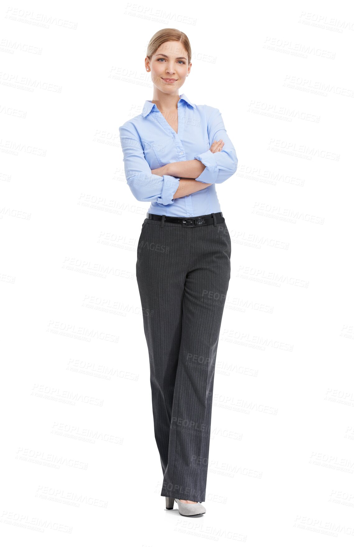 Buy stock photo Portrait, confidence and arms crossed with a woman employee isolated on a transparent background. Mindset, mission or professional and an attractive young business female standing on PNG with vision