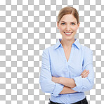 Face portrait, arms crossed and business woman mock up. Leadership, boss and smile of happy, confident and proud female ceo from Canada with vision and success mindset isolated on a png background