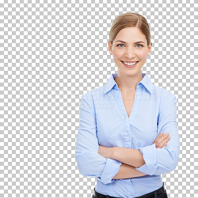 Buy stock photo Portrait, happy and arms crossed with a business woman isolated on a transparent background. Vision, mindset or mission with a confident and attractive young professional employee standing on PNG