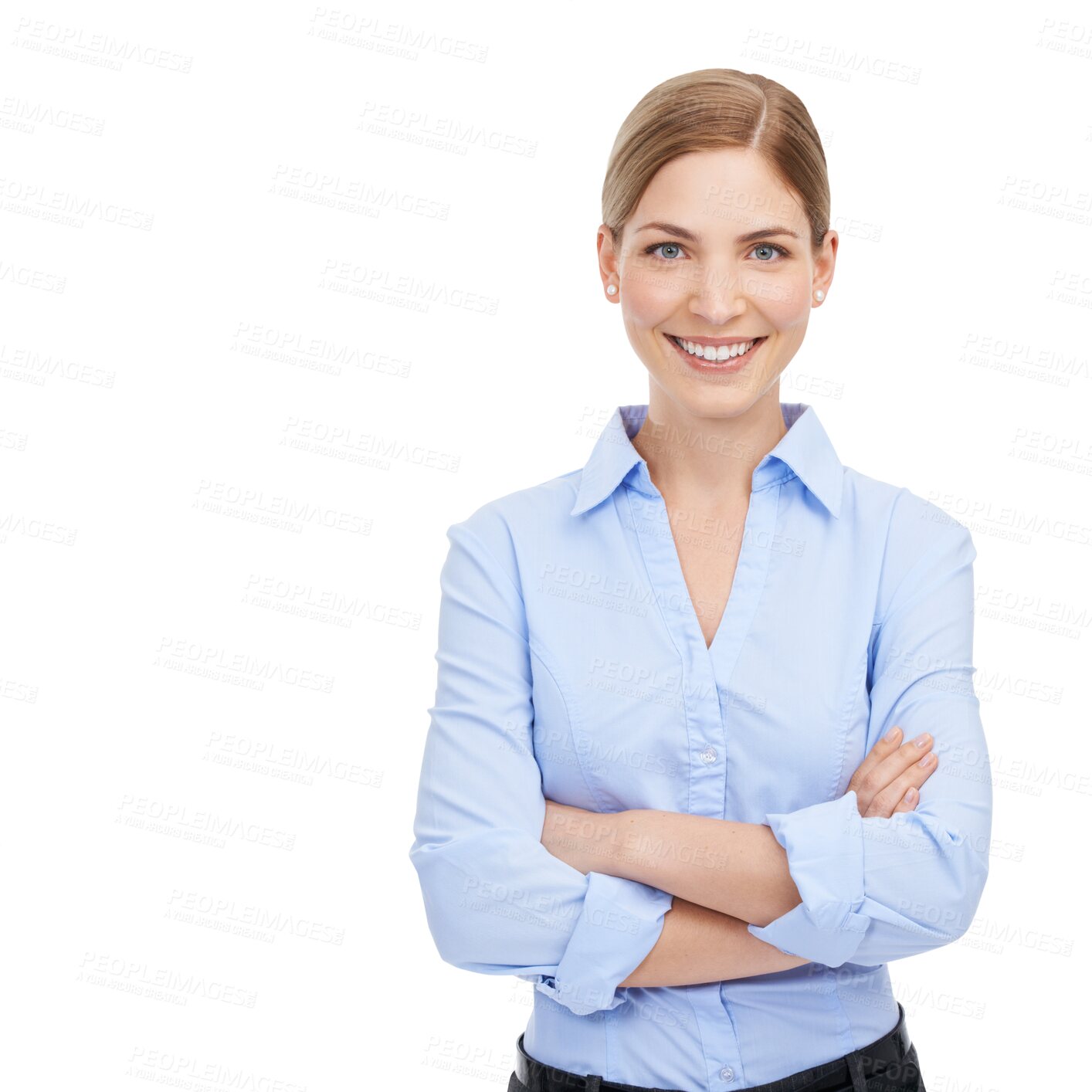 Buy stock photo Portrait, happy and arms crossed with a business woman isolated on a transparent background. Vision, mindset or mission with a confident and attractive young professional employee standing on PNG