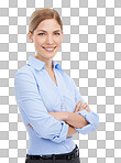 Portrait, woman arms crossed and business with sales growth, advertising agency and agent. Female, leader and ceo with smile, confident employee or project success isolated on a png background