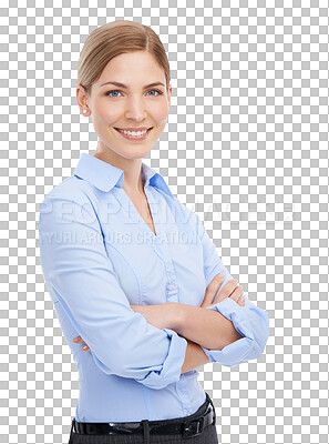 Buy stock photo Portrait, happy and arms crossed with a business woman isolated on a transparent background. Mindset, corporate or professional with a confident and attractive young female employee standing on PNG