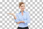 A Business woman and choice portrait with hand space for product placement with happy decision. Happiness of attractive corporate girl for marketing promo at with mockup isolated on a png background