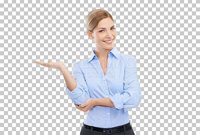 Buy stock photo Happy, portrait and business woman with hand and space for presentation, solution or choice. Professional female marketing product, logo or brand with a smile isolated on transparent png background