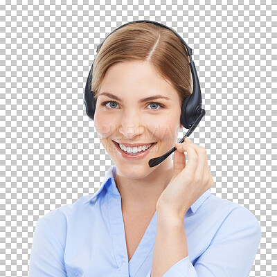 Buy stock photo Woman at callcenter with phone call and smile in portrait with headset isolated on transparent, png background. Happy female consultant in customer service, help desk and telemarketing sales job 