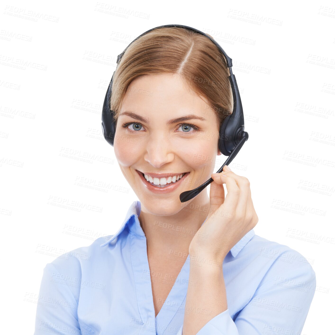 Buy stock photo Woman at callcenter with phone call and smile in portrait with headset isolated on transparent, png background. Happy female consultant in customer service, help desk and telemarketing sales job 