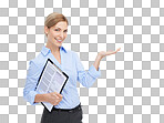 Portrait, documents and mockup with a business woman in isolated on a png background for product research or advertising. Review, brand or data with a female employee holding a clipboard for a survey