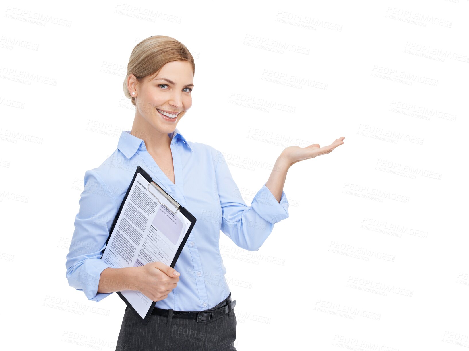 Buy stock photo Portrait, hr and gesture with a business woman isolated on transparent png background. Review, brand or data with a female employee holding a clipboard for a survey, product research or advertising