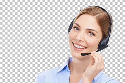 Buy stock photo Call center, portrait and face of a woman with smile and headset for customer support. Happy female consultant, telemarketing agent and sales or telecom worker isolated on transparent, png background