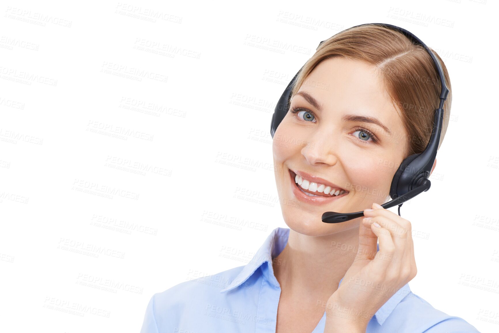 Buy stock photo Call center, portrait and face of a woman with smile and headset for customer support. Happy female consultant, telemarketing agent and sales or telecom worker isolated on transparent, png background