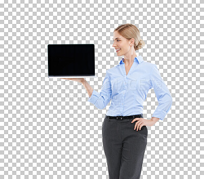 Buy stock photo Laptop, mockup and happy business woman standing isolated on a transparent png background. Worker, female model smile and mock up computer screen for marketing or advertising with copy space display