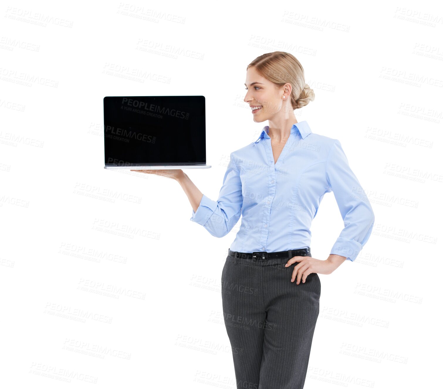 Buy stock photo Laptop, mockup and happy business woman standing isolated on a transparent png background. Worker, female model smile and mock up computer screen for marketing or advertising with copy space display