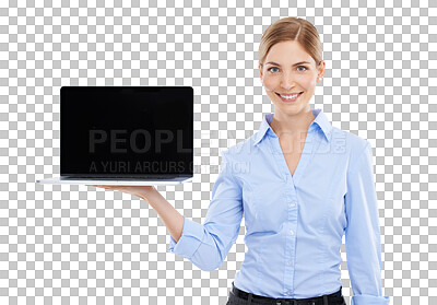 Buy stock photo Laptop, product placement and portrait of business woman on isolated, transparent and png background. Technology, advertising and happy female on computer for website, social media and communication