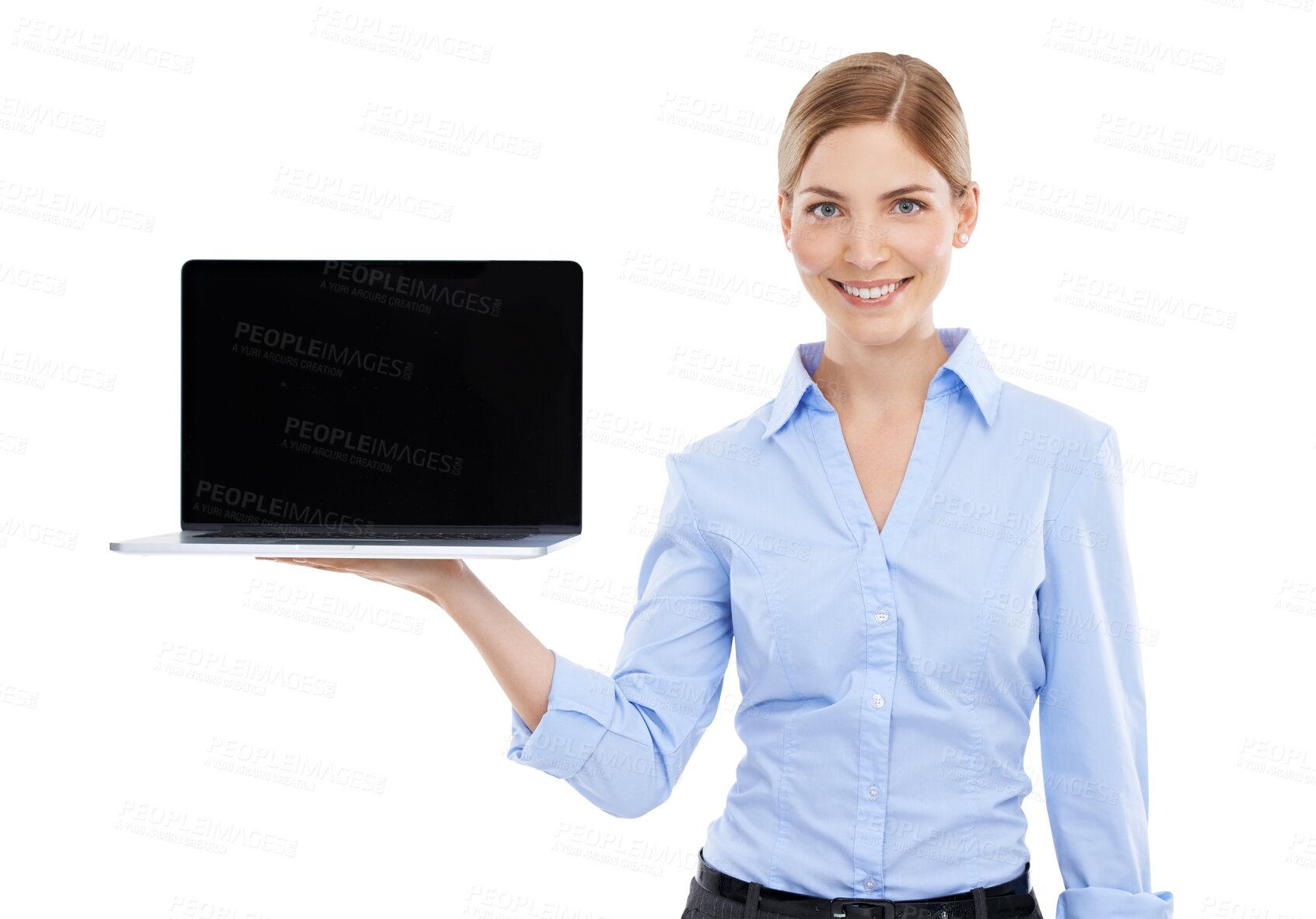 Buy stock photo Laptop, product placement and portrait of business woman on isolated, transparent and png background. Technology, advertising and happy female on computer for website, social media and communication