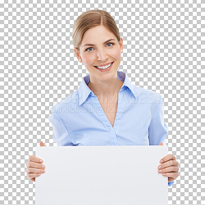 Buy stock photo Business woman with poster mockup, board and with smile in portrait isolated on transparent, png background. Advertising banner, product placement signage and happy person with marketing billboard