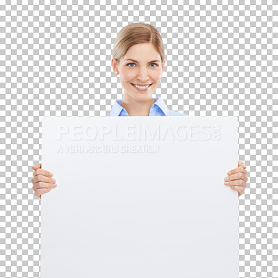 Buy stock photo Portrait, business and woman with poster, mockup and happiness isolated against a transparent studio background. Face, female person or worker with blank board, space and announcement on png backdrop