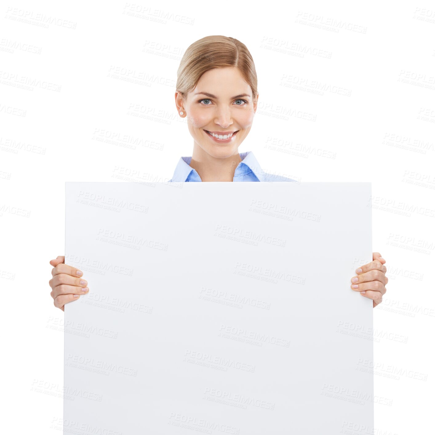 Buy stock photo Portrait, business and woman with poster, mockup and happiness isolated against a transparent studio background. Face, female person or worker with blank board, space and announcement on png backdrop