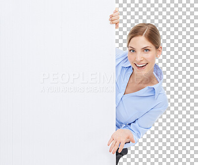 Buy stock photo Business woman with poster in presentation and mockup with smile in portrait isolated on transparent, png background. Advertising banner, product placement and happy person with marketing billboard