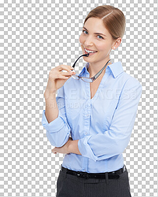 Buy stock photo Portrait, smile and business woman with glasses in studio, confident or playful on isolated, transparent and png background. Empowered, boss and face of lady leader excited for vision, career or goal