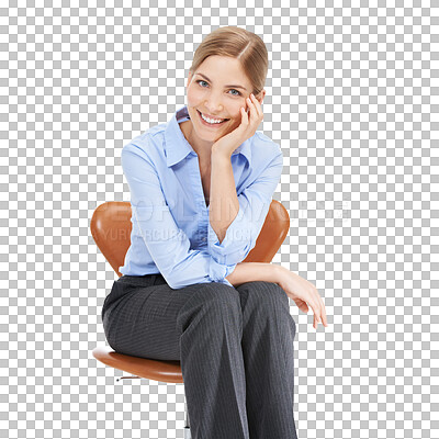 Buy stock photo Happy woman, portrait and business sitting on chair for management or waiting. Worker, professional and work seat of employee, entrepreneur and person in career isolated on transparent png background