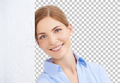 Buy stock photo Happy, portrait and business woman in studio confident, empowered and relax on isolated, transparent and png background. Face, smile and female leader with ambitious, empowering and positive mindset