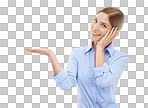 Happy, business and portrait of woman with product placement for positive solution, choice and decision. Happiness of attractive corporate worker for marketing promo in isolated on a png background