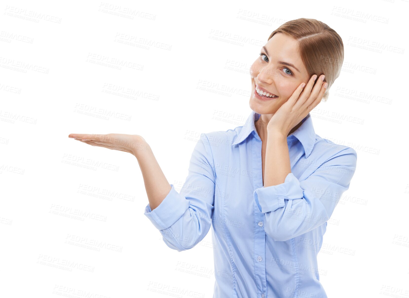 Buy stock photo Happy, business and portrait of a woman with hand for solution, promotion and branding. Corporate worker, sales and gesture for marketing promo and service isolated on a transparent png background