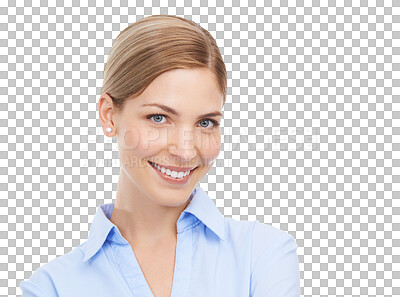 Buy stock photo Portrait, happy and business woman in studio confident, empowered and about us on isolated, transparent or png background. Face, smile and female worker with ambitious, empowering or positive mindset