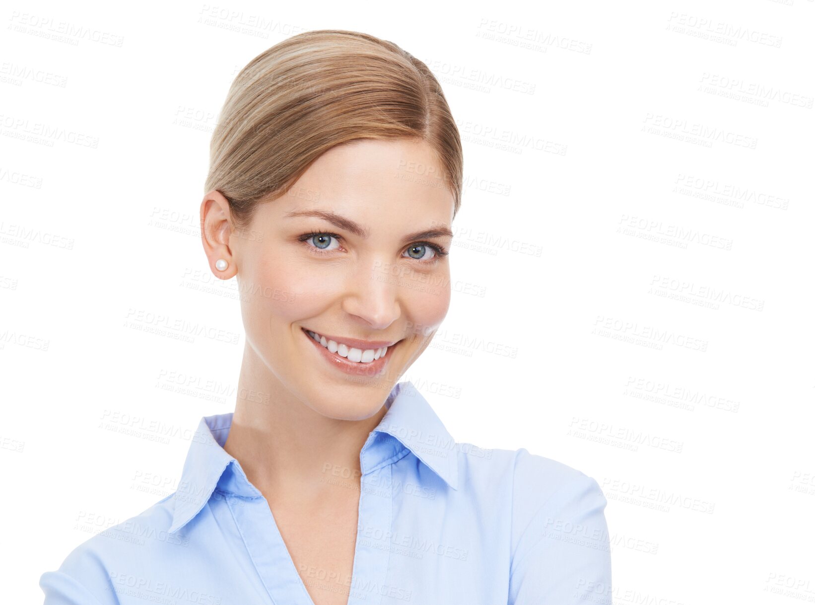 Buy stock photo Portrait, happy and business woman in studio confident, empowered and about us on isolated, transparent or png background. Face, smile and female worker with ambitious, empowering or positive mindset