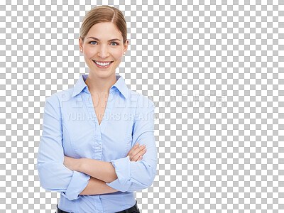 Buy stock photo Portrait, smile and arms crossed with a business woman isolated on a transparent background. Worker, confidence or mission with a confident and attractive young professional employee standing on PNG