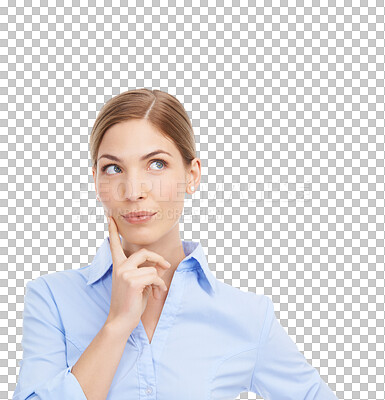 Buy stock photo Business woman, thinking and hand on face while planning future or idea. Professional female, corporate and worker with dream of solution, question or memory isolated on a transparent png background
