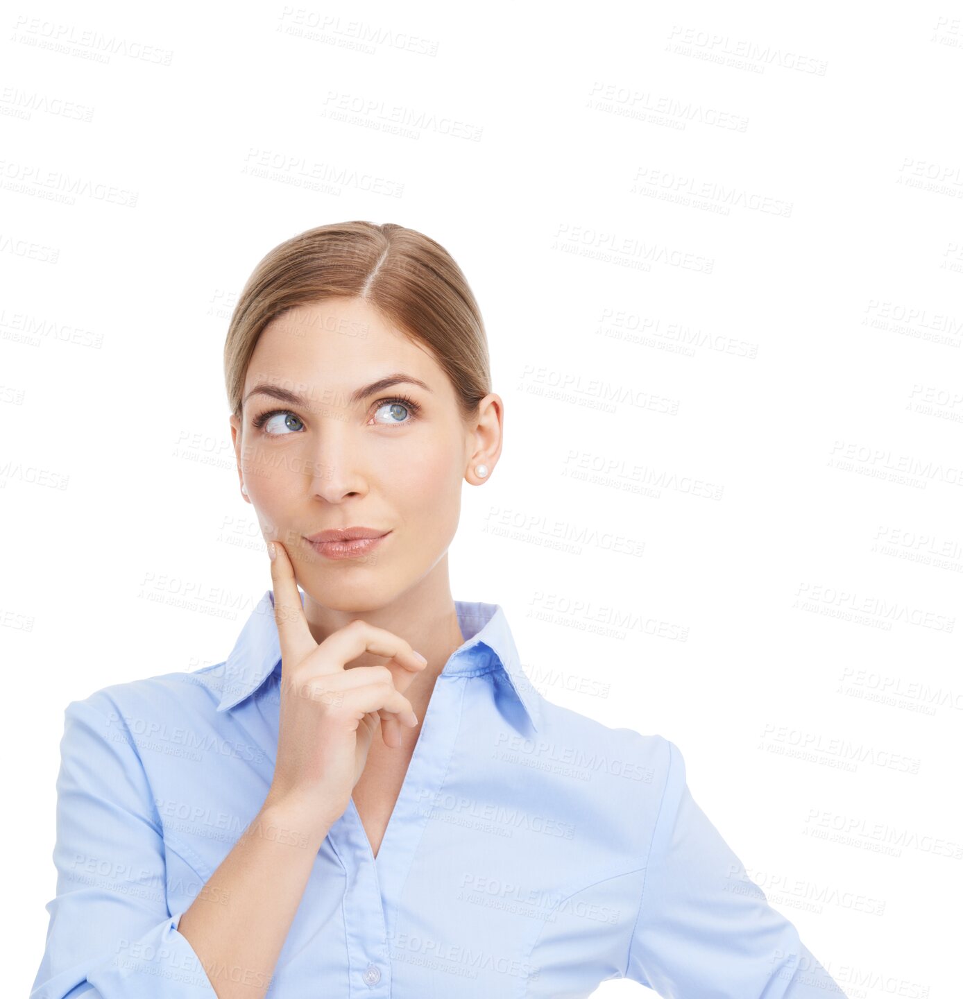 Buy stock photo Business woman, thinking and hand on face while planning future or idea. Professional female, corporate and worker with dream of solution, question or memory isolated on a transparent png background
