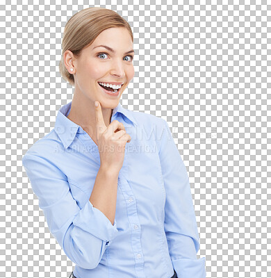 Buy stock photo Happy woman, idea and portrait of a business model for motivation, planning or to remember memory. Inspiration, decision and excited female worker isolated on png background for question or solution