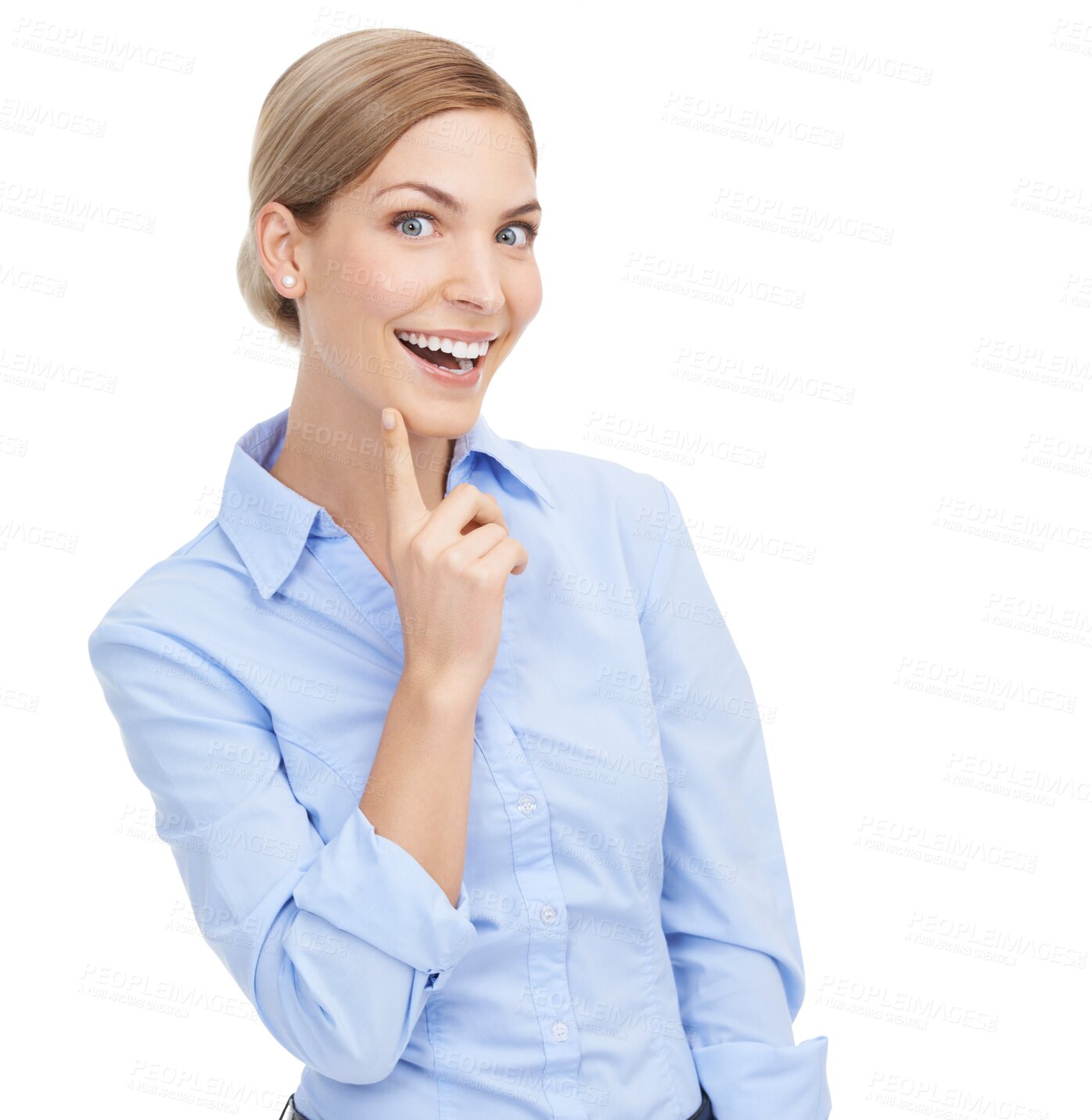 Buy stock photo Happy woman, idea and portrait of a business model for motivation, planning or to remember memory. Inspiration, decision and excited female worker isolated on png background for question or solution