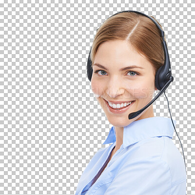 Buy stock photo Call center, smile and face portrait of a woman with a headset for customer service. Female support agent, telemarketing consultant and sales or telecom worker isolated on transparent, png background