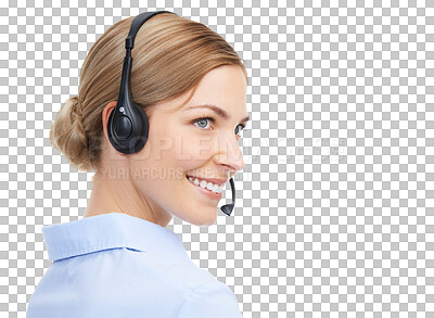 Buy stock photo Call center, face and smile of woman with headset for customer service and support. Female consultant, telemarketing agent and sales or telecom worker profile isolated on transparent, png background