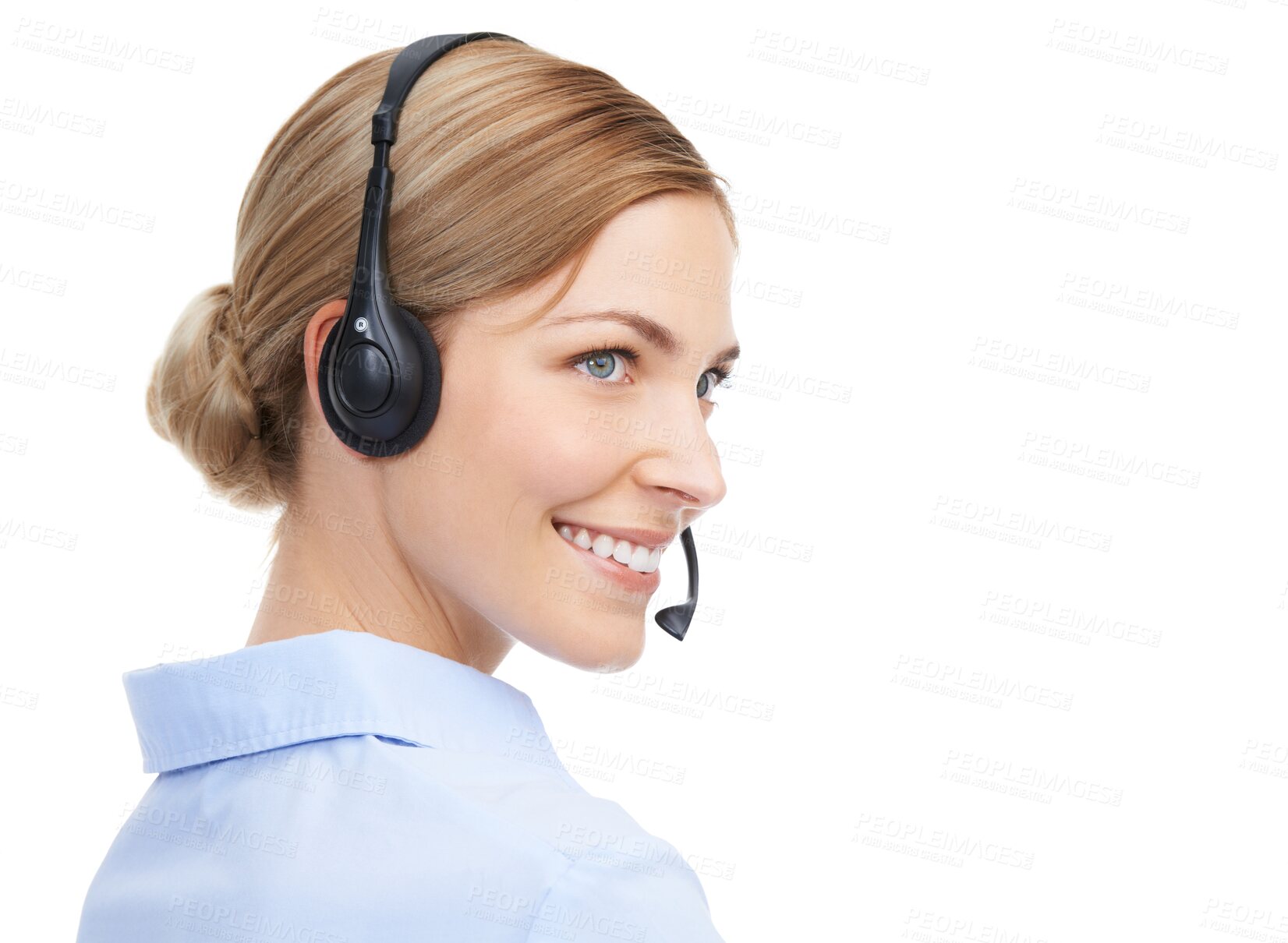 Buy stock photo Call center, face and smile of woman with headset for customer service and support. Female consultant, telemarketing agent and sales or telecom worker profile isolated on transparent, png background