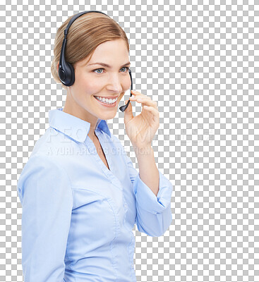 Buy stock photo Call center, headset and face of a woman with smile for customer service and support. Female consultant, telemarketing and microphone for sales or telecom agent isolated on transparent png background