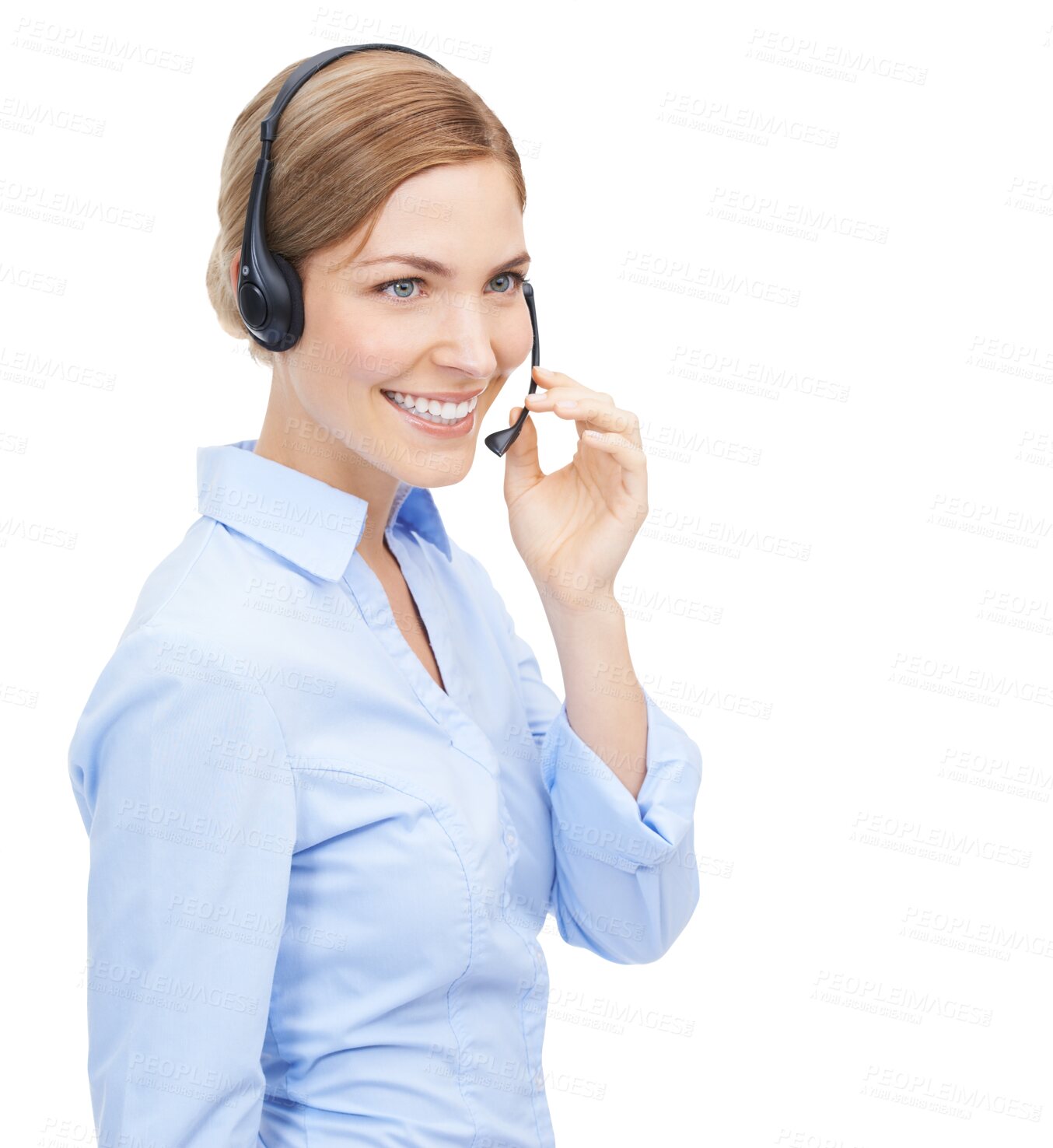 Buy stock photo Call center, headset and face of a woman with smile for customer service and support. Female consultant, telemarketing and microphone for sales or telecom agent isolated on transparent png background