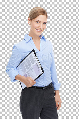 Buy stock photo Portrait, feedback and woman with documents, business and lady isolated on a transparent background. Face, happy female employee and consultant with a clipboard, smile and survey on png backdrop