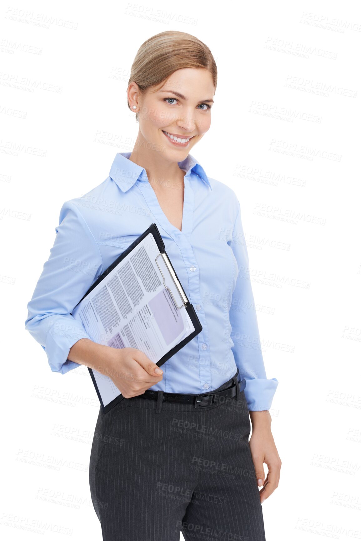 Buy stock photo Portrait, feedback and woman with documents, business and lady isolated on a transparent background. Face, happy female employee and consultant with a clipboard, smile and survey on png backdrop