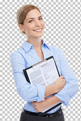 Buy stock photo Portrait, contract and PNG with a business woman isolated on a transparent background holding a clipboard. Smile, documents or information and a happy female employee with a feedback questionnaire