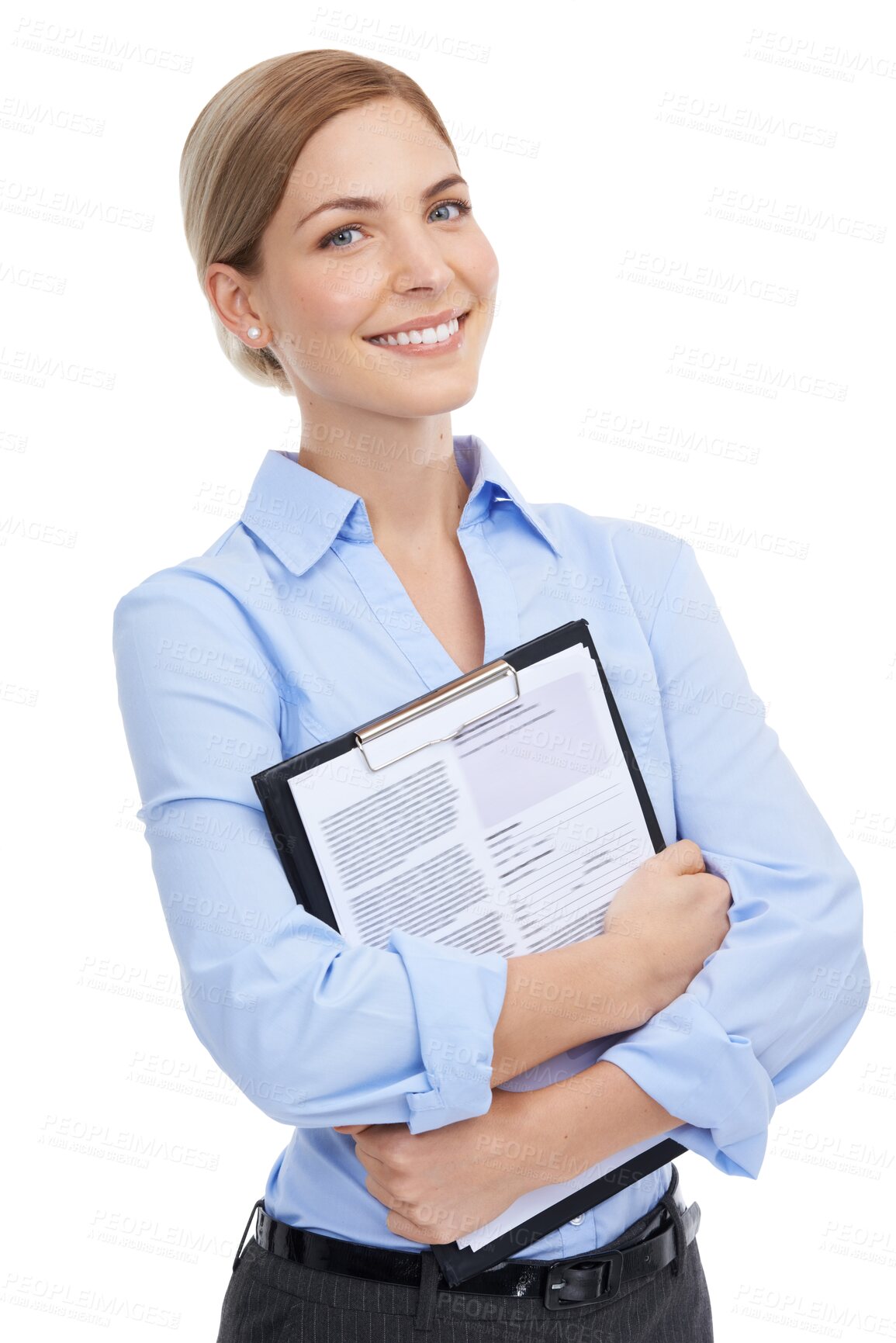 Buy stock photo Portrait, contract and PNG with a business woman isolated on a transparent background holding a clipboard. Smile, documents or information and a happy female employee with a feedback questionnaire