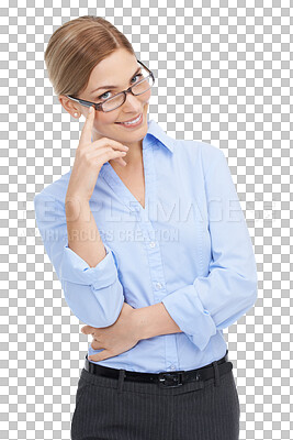 Buy stock photo Portrait, smile and PNG with a woman in glasses isolated on a transparent background for vision. Eyewear, eyesight and optometry with an attractive young female posing in prescription frame lenses