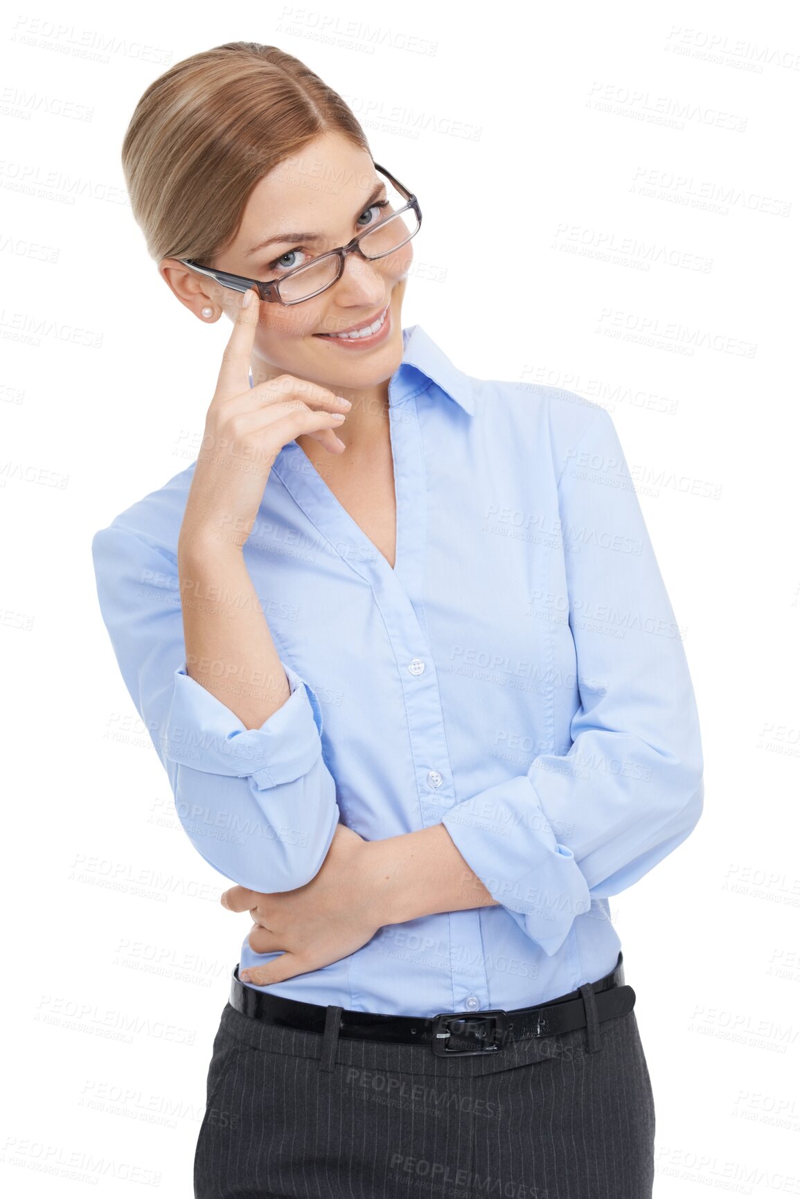 Buy stock photo Portrait, smile and PNG with a woman in glasses isolated on a transparent background for vision. Eyewear, eyesight and optometry with an attractive young female posing in prescription frame lenses