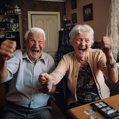 Celebration, excited and senior couple cheer in home watching sports, game show and entertainment. Retirement, success and ai generated elderly man and woman cheer for victory, winning and sport goal