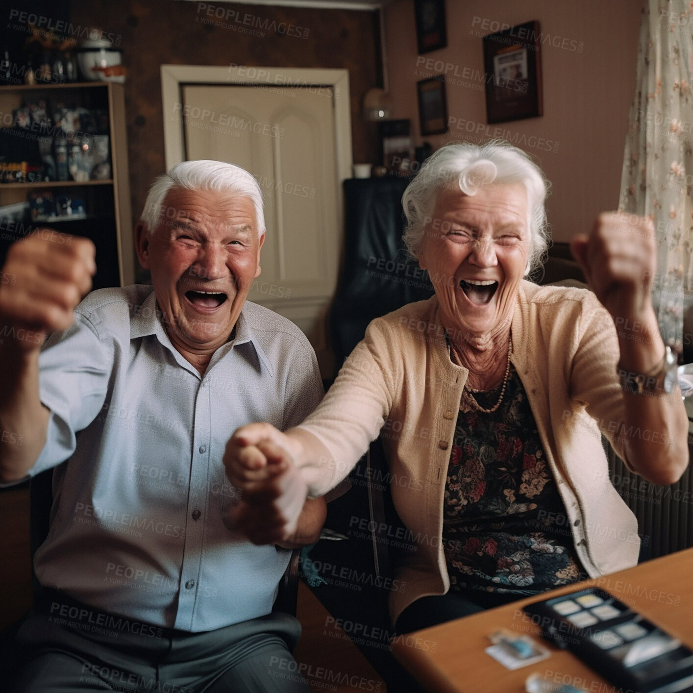 Buy stock photo Celebration, excited and senior couple cheer in home watching game show and entertainment. Retirement, success and ai generated elderly man and happy woman in winner victory, winning and achievement