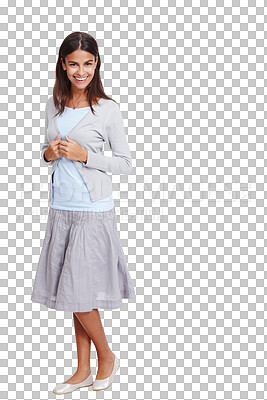 Buy stock photo Woman, happy and portrait of a young person standing isolated on a transparent png background. Happiness, smile and beauty of female from Brazil with style feeling positive or calm holding a cardigan